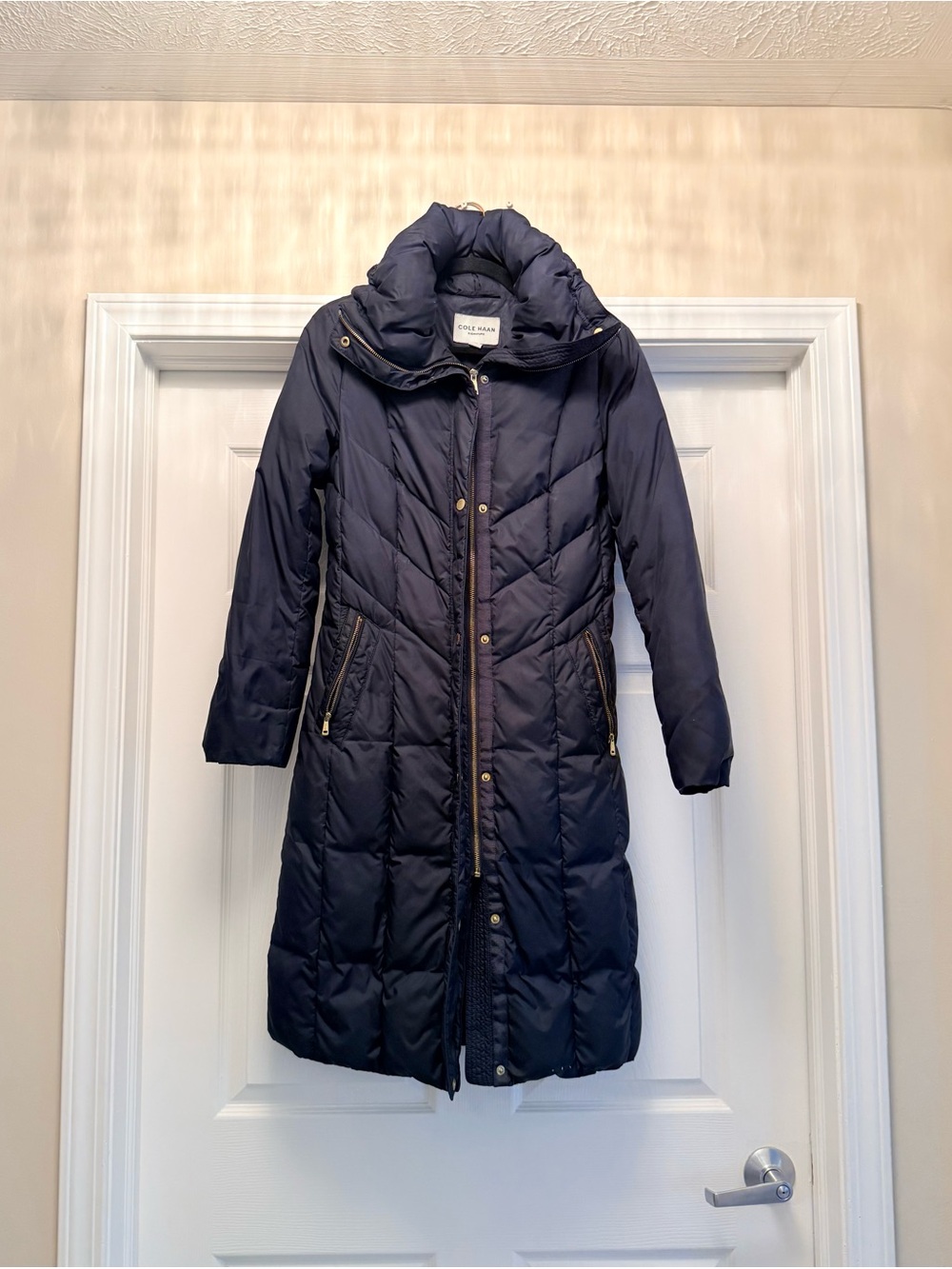 Cole Haan Dark Navy Quilted Long Puffer Coat with High Collar